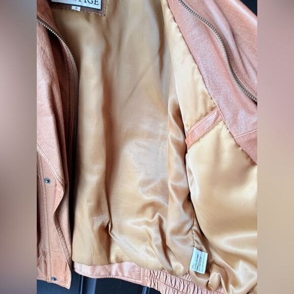 VTG The New Age Brown Leather Double Collar Bomber Jacket Size S - Picture 10 of 15